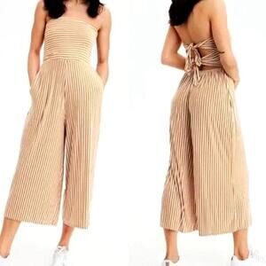 American Eagle Strapless Wide Leg Jumpsuit Large Striped Yellow Boho Coastal